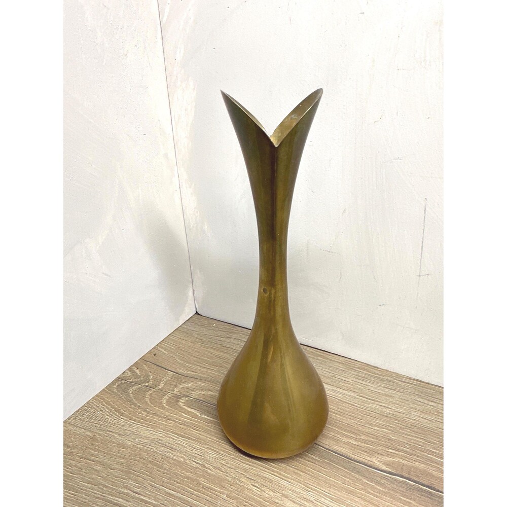VTG MCM Brass Tulip Neck Bud Vase Patina 8 Inch